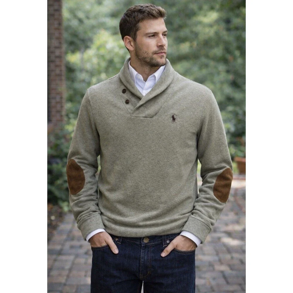 Polo Ralph Lauren Shawl Collar Sweater Sage Green Preppy Elbow Patch Size Medium
